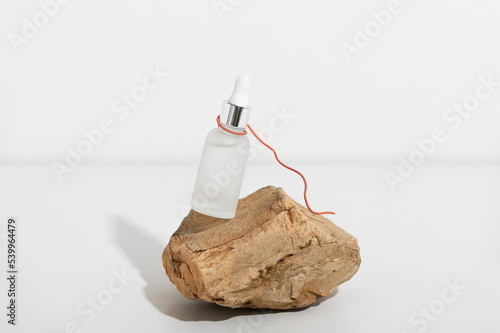Rejuvenation serum bottle on limestone piece in light studio closeup. Antiaging cosmetic product for professional skincare. Hyaluronic acid (ID: 539964479)