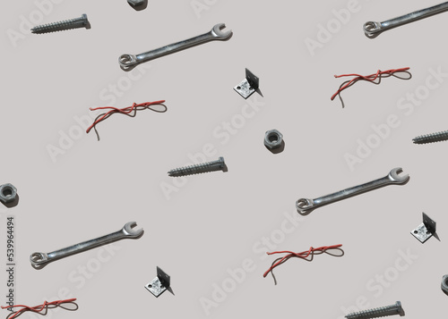 Industrial pattern made of different instruments scattered on light background upper view. Repair and improvement supplies. Design style (ID: 539964494)