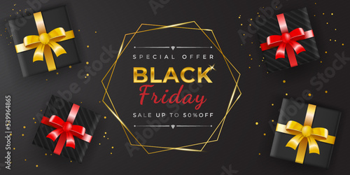 Black Friday sale background banner. Realistic gift boxes gold bow. Gold luxury. Golden text dark background. Template, banner, header website, poster, etc.