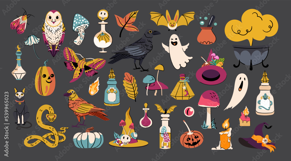 Cute Halloween vector set elements with ghosts, bat, pumpkins, candles, magic bottle, crow, snake, witch hat and mushroom. Flat illustration isolated on black background. Funny Halloween collection Cute Halloween vector set elements with ghosts, bat, pumpkins, candles, magic bottle, crow, snake, witch hat and mushroom. Flat illustration isolated on black background. Funny Halloween collection