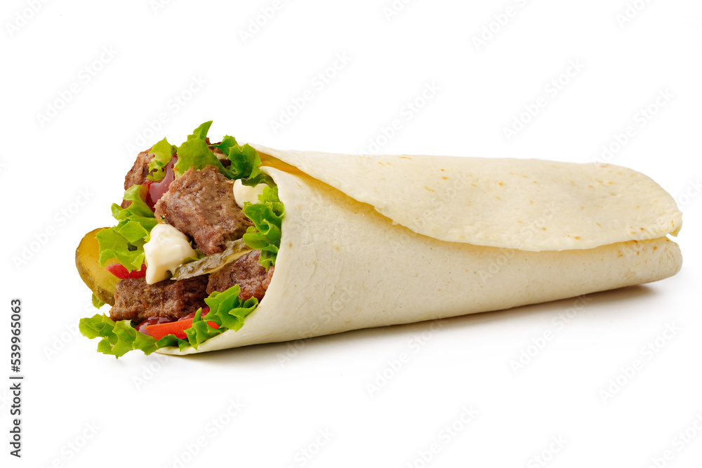 Fresh roll with grilled beef and vegetables isolated on white Fresh roll with grilled beef and vegetables isolated on white
