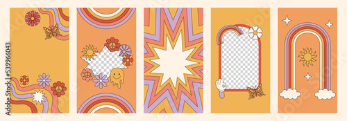 Vector set of design elements and illustrations in simple linear style. 70s groove posters. Boho and hippie design elements and frames for social media stories and posts. 