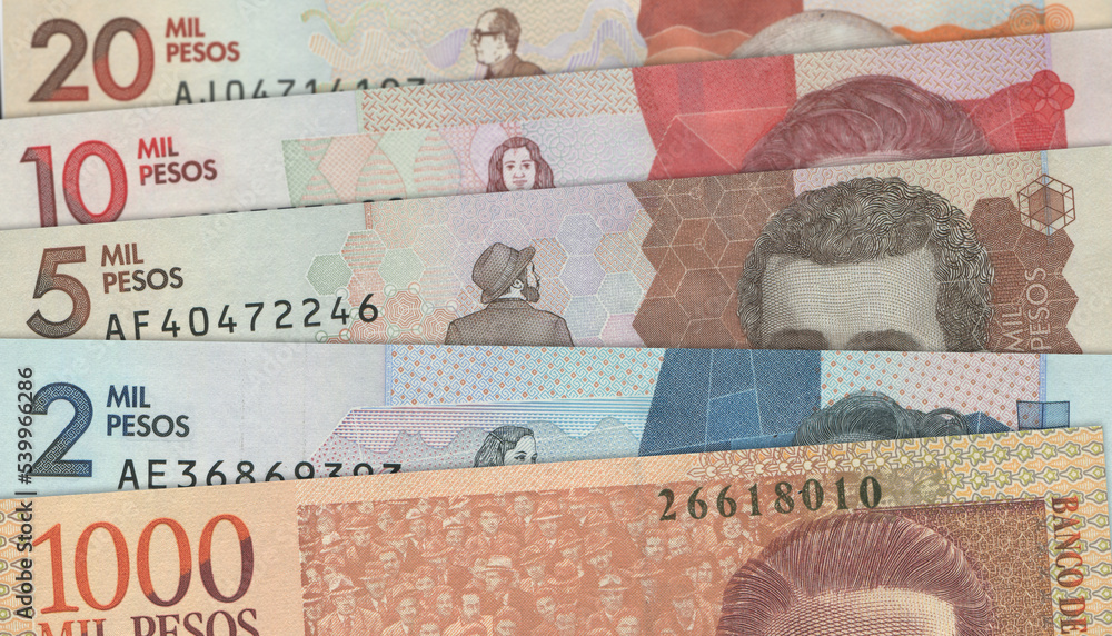 Paper money from Colombia. Colombian peso. Close up banknotes from