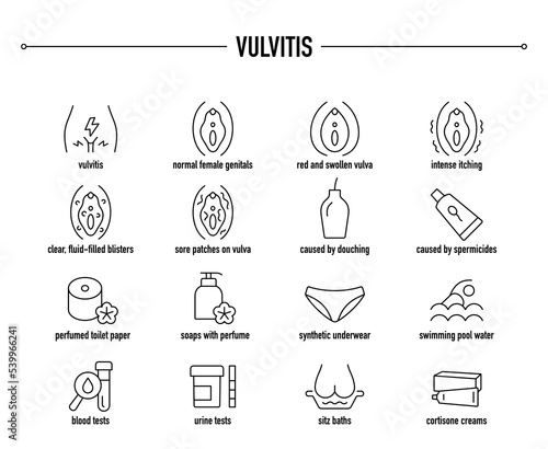 Vulvitis vector icon set. Line editable medical icons.