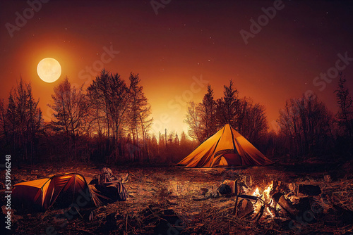 Yellow tent at night with burning campfire at night with a full moon