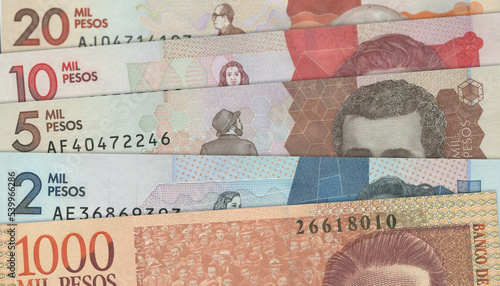 Paper money from Colombia. Colombian peso. Close up banknotes from Colombia. Colombian currency 