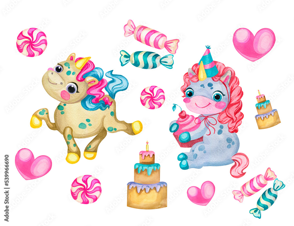 Fototapeta premium Unicorn watercolor illustration. pictures for birthday and holiday decorations.