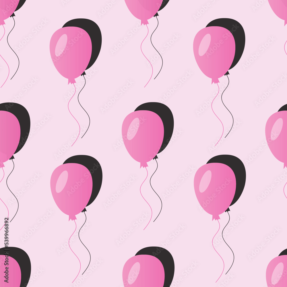 Party balloons on pink background with shadows. Beautiful seamless pattern with air balloons on tender backdrop. Design print for birthday card and wallpaper for children room. Celebration concept.