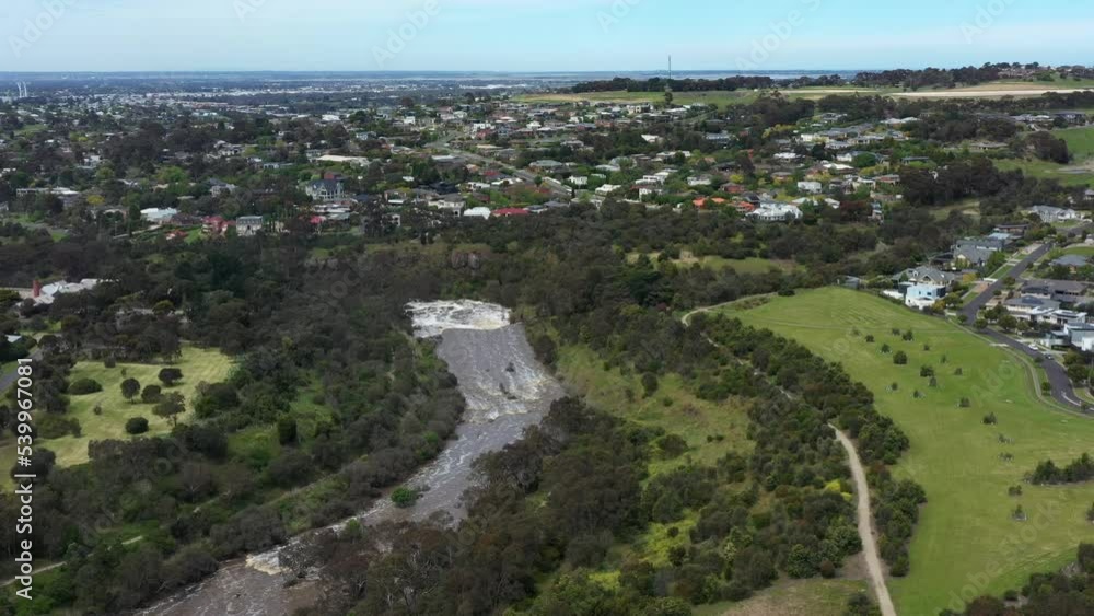 AERIAL Barwon River Geelong Rapidly Flowing After Massive Rain Event AERIAL Barwon River Geelong Rapidly Flowing After Massive Rain Event