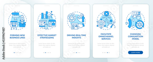 Business digital transformation blue onboarding mobile app screen. Walkthrough 5 steps editable graphic instructions with linear concepts. UI, UX, GUI template. Myriad Pro-Bold, Regular fonts used