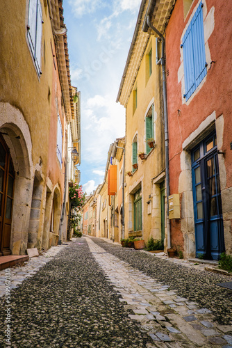 Medieval houses and cobblestone street in the village of Rochemaure  in the South of France  Ardeche 