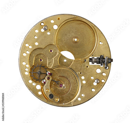 Dismantled clockwork mechanism on transparent background