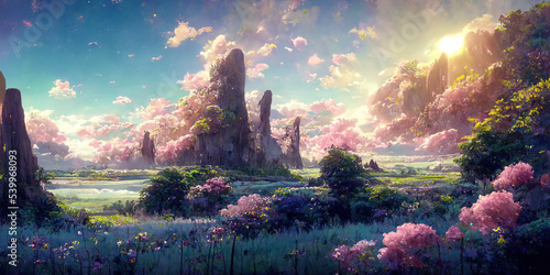 WIde Angle Japanese Anime Landscape Background. Clear Sky with Dynamic Sunlight See Through Sakura Cloud. Sakura Tree. Beautiful Wildness Fantasy Scenery.