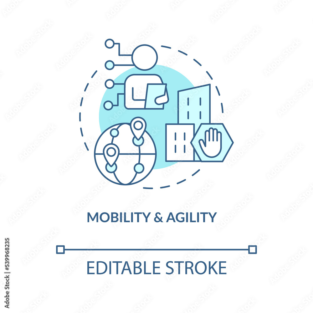 Mobility and agility in business turquoise concept icon. IoT technologies benefits abstract idea thin line illustration. Isolated outline drawing. Editable stroke. Arial, Myriad Pro-Bold fonts used