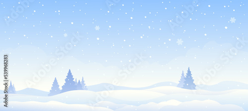 Vector illustration of a winter morning landscape, light blue panoramic banner