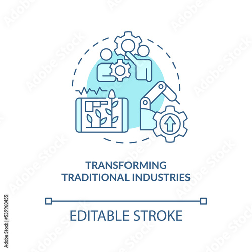 Transform traditional industries turquoise concept icon. Technological revolution abstract idea thin line illustration. Isolated outline drawing. Editable stroke. Arial, Myriad Pro-Bold fonts used