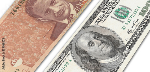 Colombian peso and US 100 bill. Close up Colombian banknotes and US banknotes. 3D render