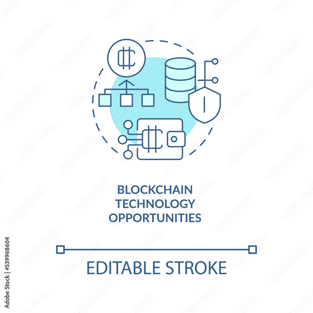Blockchain technology opportunities turquoise concept icon. Cryptocurrency abstract idea thin line illustration. Isolated outline drawing. Editable stroke. Arial, Myriad Pro-Bold fonts used Blockchain technology opportunities turquoise concept icon. Cryptocurrency abstract idea thin line illustration. Isolated outline drawing. Editable stroke. Arial, Myriad Pro-Bold fonts used