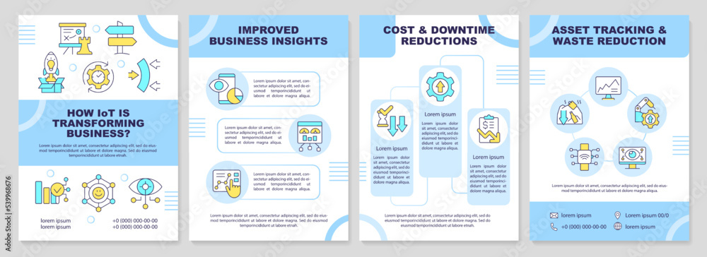 IoT business effects blue brochure template. Transformation. Leaflet design with linear icons. Editable 4 vector layouts for presentation, annual reports. Arial-Black, Myriad Pro-Regular fonts used