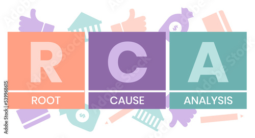 RCA - Root Cause Analysis acronym. business concept background. vector illustration concept with keywords and icons. lettering illustration with icons for web banner, flyer, landing page
