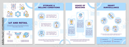 IoT and retail blue brochure template. Optimize online selling. Leaflet design with linear icons. Editable 4 vector layouts for presentation, annual reports. Arial-Black, Myriad Pro-Regular fonts used