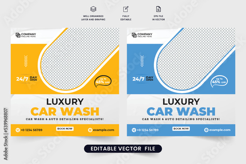 Luxury car wash and maintenance service social media marketing template vector. Vehicle cleaning promotional web banner template with yellow and blue colors. Minimal car cleaning service template.