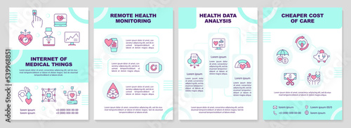 Internet of medical things turquoise brochure template. Leaflet design with linear icons. Editable 4 vector layouts for presentation, annual reports. Arial-Black, Myriad Pro-Regular fonts used