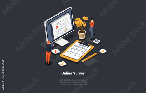 Online Survey Concept. People Giving Feedback, Choosing Answer, Making Decision and Research. Collection of Online Survey, Customer Review, Voting, Checklist. Isometric Cartoon 3d Vector Illustration