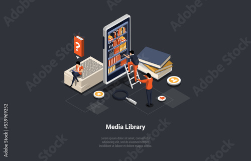 Self Education And Media Library. Male And Female Students At Huge Smartphone Searching Books. Modern Digital Library With Characters, Smartphone And Book Stacks. Isometric 3d Vector Illustration