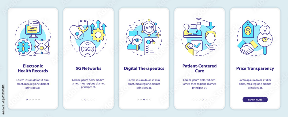 Healthcare industry trends onboarding mobile app screen. Walkthrough 5 steps editable graphic instructions with linear concepts. UI, UX, GUI template. Myriad Pro-Bold, Regular fonts used Healthcare industry trends onboarding mobile app screen. Walkthrough 5 steps editable graphic instructions with linear concepts. UI, UX, GUI template. Myriad Pro-Bold, Regular fonts used