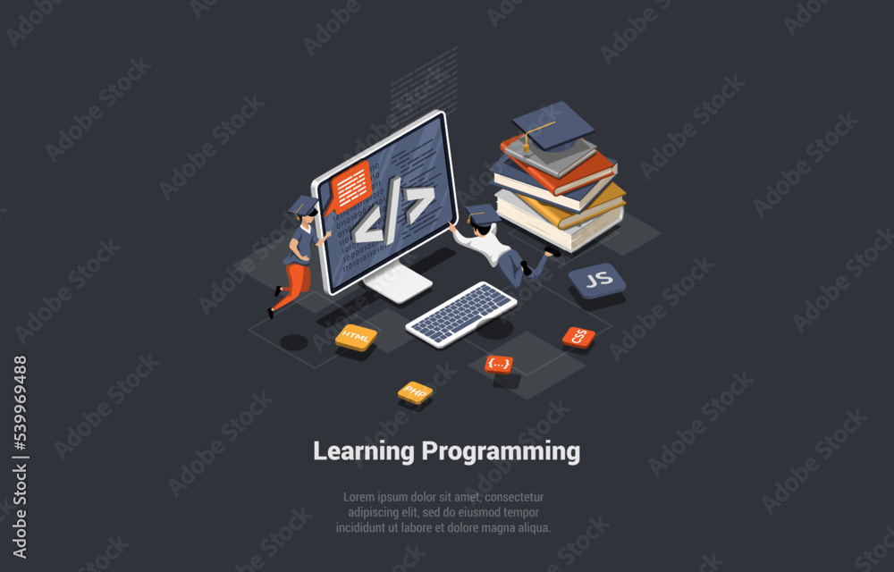 Programming And Coding Learning Concept. Software Coding, Testing, Debugging. Mobile Apps Programming. SEO, Search Engine. Programming Languages For Code Learning. Isometric 3d Vector Illustration