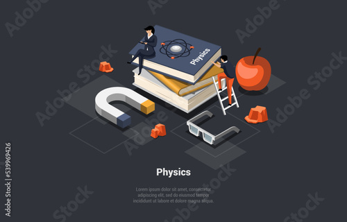 Concept Of Physics Studying, Subject, Education And Science. Female Character Sitting On Stack Of Books Near Huge Magnet. Scientist Explore Electricity, Magnetism. Isometric 3d Vector Illustration