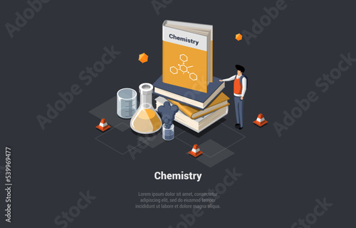 Concept Of Chemistry Studying, Subject, Education, Online Science Courses. Male Character Teacher Near Huge Textbook, Flask with Reagents. School Education System. Isometric 3d Vector Illustration