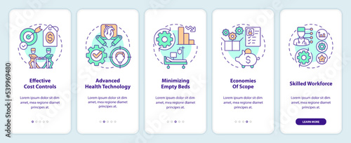 Health care competition advantages onboarding mobile app screen. Walkthrough 5 steps editable graphic instructions with linear concepts. UI, UX, GUI template. Myriad Pro-Bold, Regular fonts used