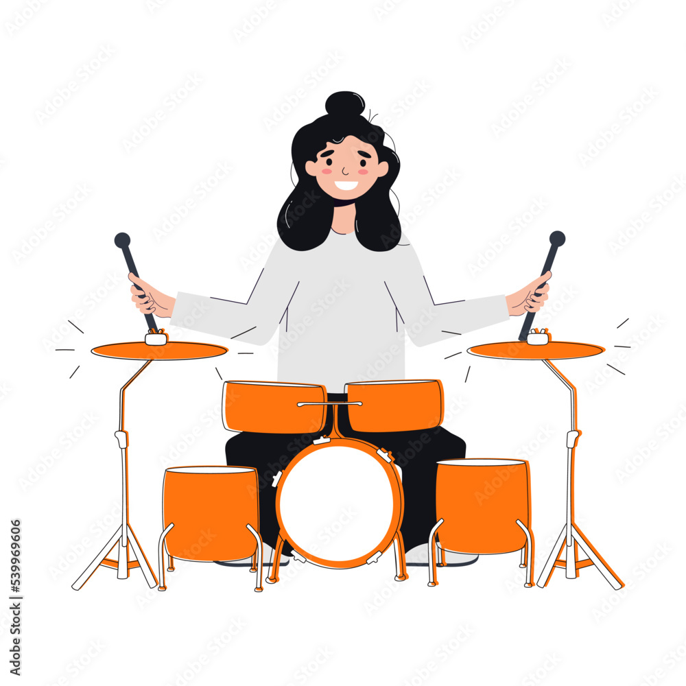 The girl sits at the drums and plays them with sticks. Vector stock illustration. White background. isolated. Musical instrument and installation. Loud noise. Concert