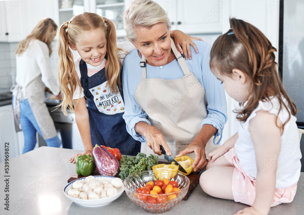 Grandmother, children and cooking in the kitchen together with vegetables in the family home. Cutting, food and elderly woman in retirement teaching young girl kids to cook meal for lunch or dinner. Grandmother, children and cooking in the kitchen together with vegetables in the family home. Cutting, food and elderly woman in retirement teaching young girl kids to cook meal for lunch or dinner.