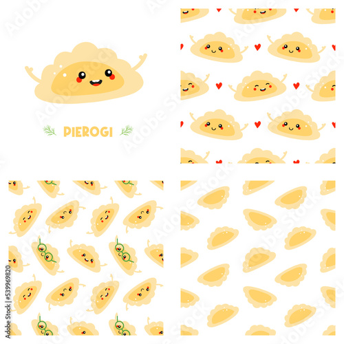 Cute smiling cartoon style pierogi, filled dumplings characters and set, collection of three pierogi vector seamless pattern backgrounds. 
