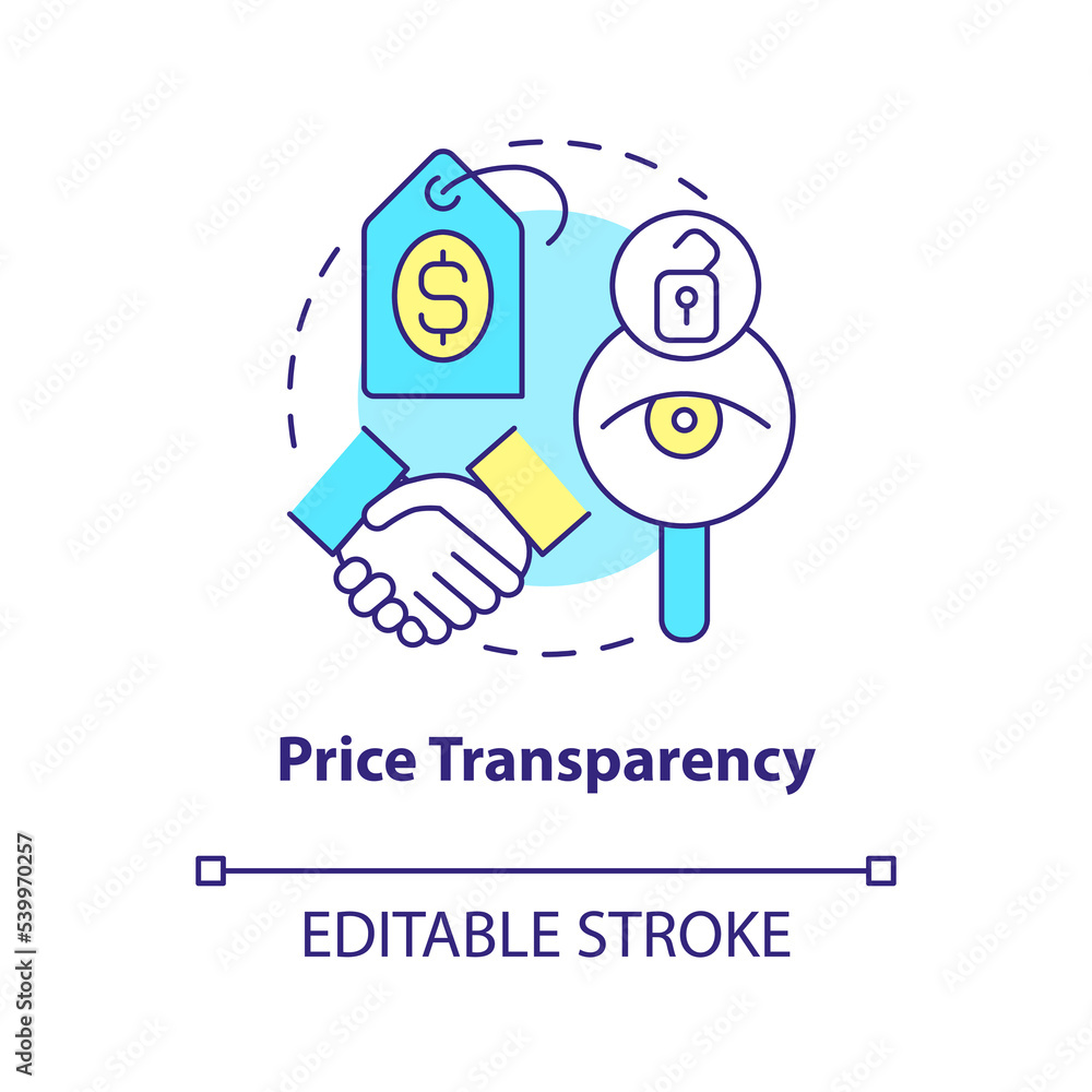Price transparency concept icon. Healthcare industry trend. Medical cost sharing abstract idea thin line illustration. Isolated outline drawing. Editable stroke. Arial, Myriad Pro-Bold fonts used Price transparency concept icon. Healthcare industry trend. Medical cost sharing abstract idea thin line illustration. Isolated outline drawing. Editable stroke. Arial, Myriad Pro-Bold fonts used