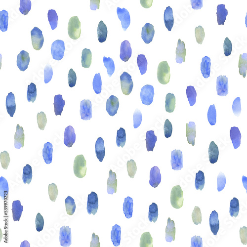 Abstract endless seamless pattern with watercolor blue and green spots on white background.