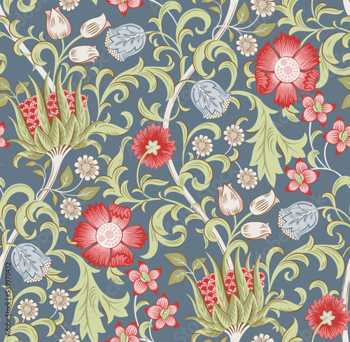 Floral seamless pattern with field of flowers on gray background. Vector illustration.