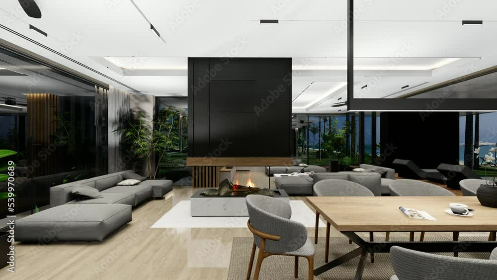 4K video rendering of modern cozy interior with living,dining zone stair and kitchen for sale or rent with wood plank by the sea or ocean. Spacious apartments with expensive furniture and equipment. 4K video rendering of modern cozy interior with living,dining zone stair and kitchen for sale or rent with wood plank by the sea or ocean. Spacious apartments with expensive furniture and equipment.