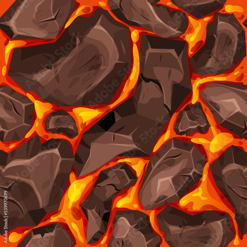 Lava, magma with stones in cartoon style seamless pattern background. Eruption effect, landscape. Texture, design