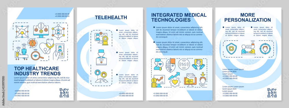 Healthcare industry trends blue brochure template. Health sector. Leaflet design with linear icons. Editable 4 vector layouts for presentation, annual reports. Arial, Myriad Pro-Regular fonts used Healthcare industry trends blue brochure template. Health sector. Leaflet design with linear icons. Editable 4 vector layouts for presentation, annual reports. Arial, Myriad Pro-Regular fonts used