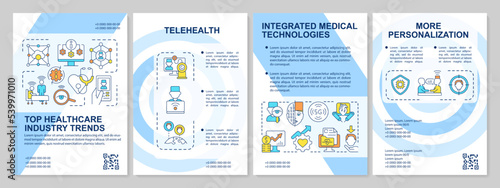 Healthcare industry trends blue brochure template. Health sector. Leaflet design with linear icons. Editable 4 vector layouts for presentation, annual reports. Arial, Myriad Pro-Regular fonts used
