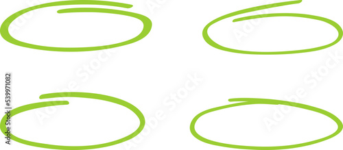 Green circle, pen draw set. Highlight hand drawing different circles isolated on background. Handwritten green circle. For marking text, numbers, marker pen, pencil and text check, vector illustration