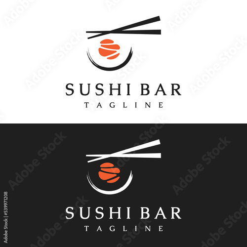 Sushi logo template design.Seafood or traditional japanese cuisine with salmon, delicious food.Logo for Japanese restaurant, bar, sushi shop.