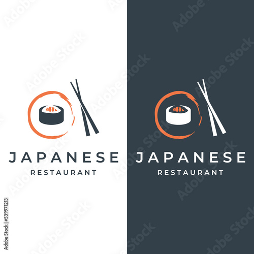 Sushi logo template design.Seafood or traditional japanese cuisine with salmon, delicious food.Logo for Japanese restaurant, bar, sushi shop.