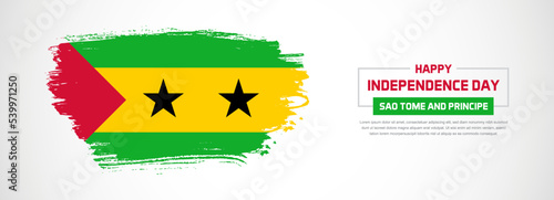 Abstract flag of Sao Tome and Principe on hand drawn brush strokes. Happy Independence Day with grunge style vector background