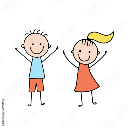 Cute smiling happy girl and boy. Vector illustration in doodle style isolated on white. Kids wave hands