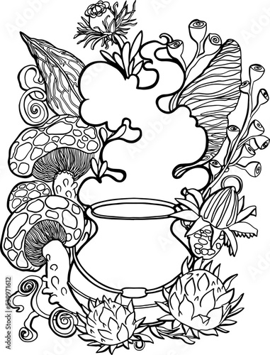 Vintage cauldron with magic potion and fantasy flowers and leaves. Coloring page antistress for children and adults. Vector illustration isolated on white background